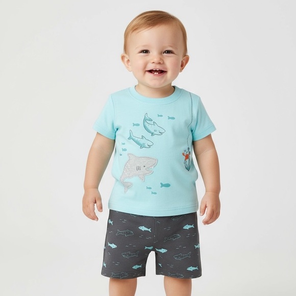 CARTER'S · 2PC SHARK SHORT SLEEVE T-SHIRT + SHORTS - SIZE - Picture 1 of 3